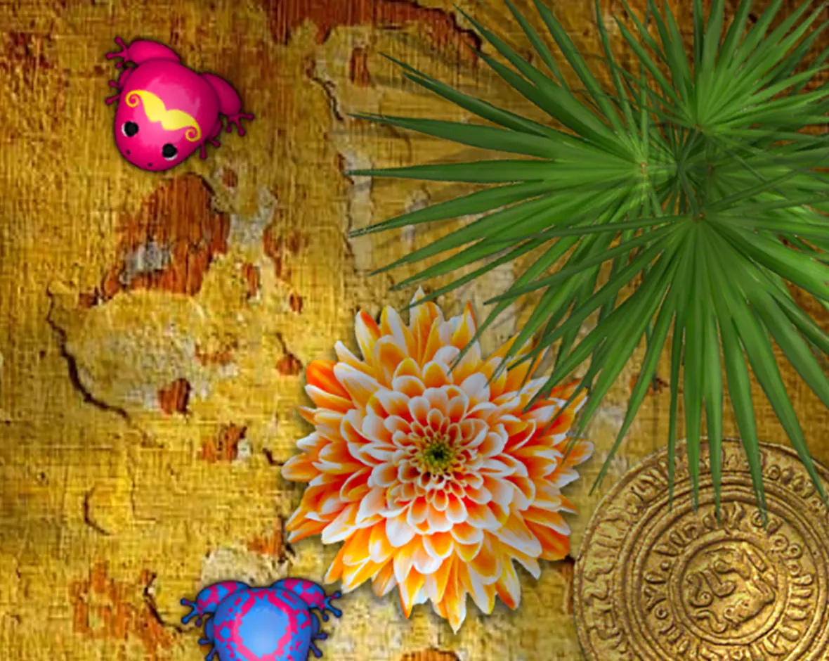 Jardim dourado com flor e rãs coloridas.